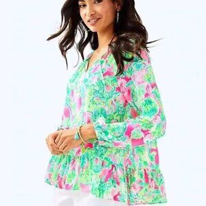 LILLY PULITZER Tensley Top Catty Shack Raz Berry Blouse Pink Green